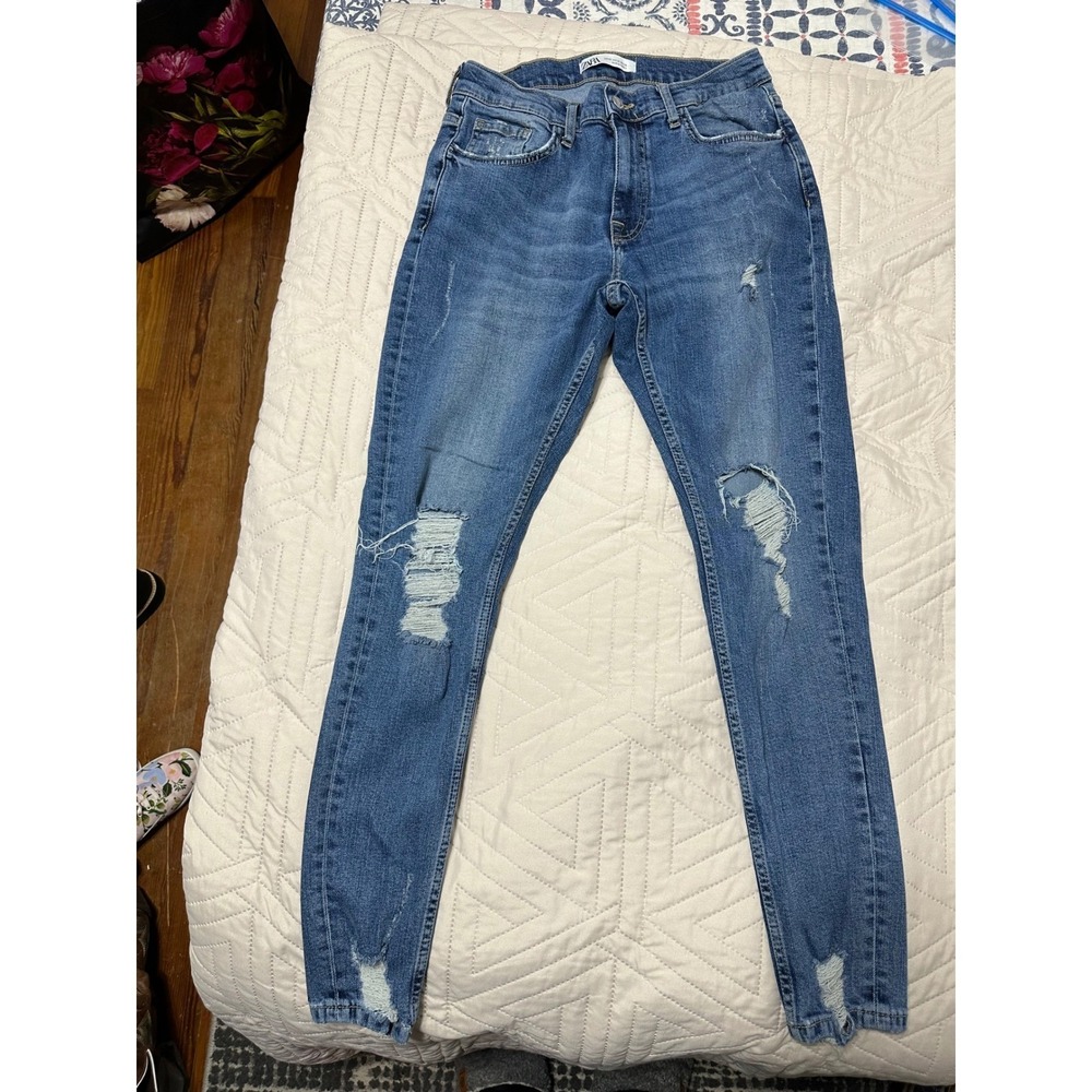 Zara Denimwear Womens Distressed Skinny Jean Blue Ripped Hem Sz USA 32 High Rise